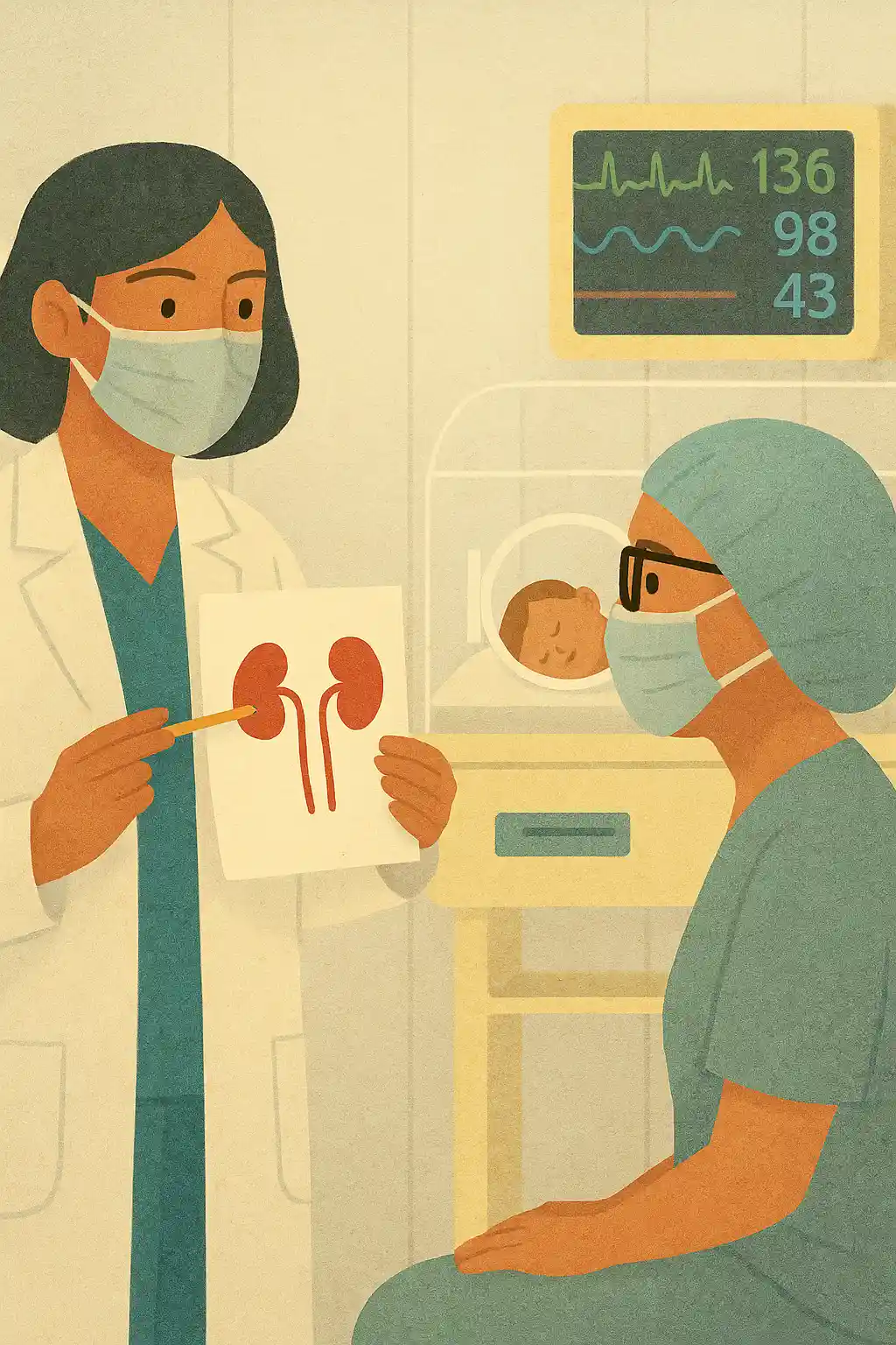 Ilustração de uma médica explicando um exame a uma mãe, com papel e caneta na mão