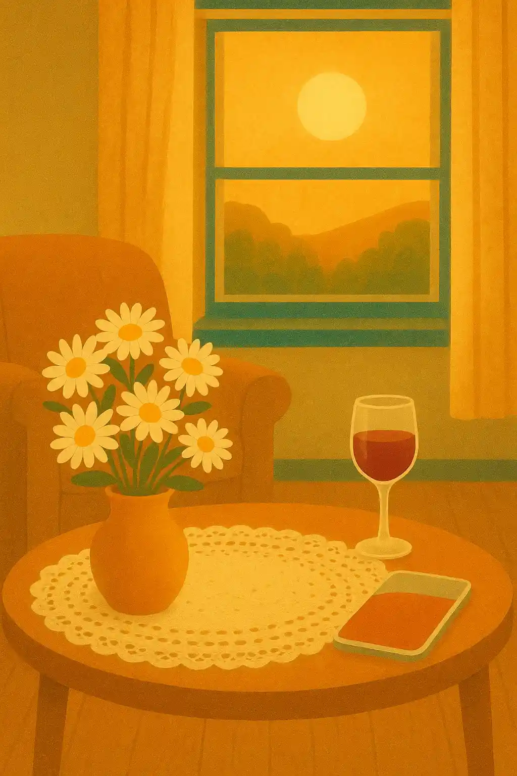 Ilustração de uma sala com o sol entrando pela janela, flores e um livro sobre a mesa