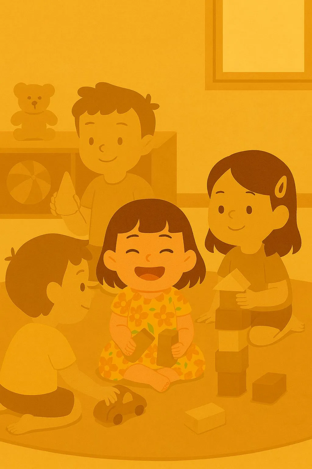 Ilustração de duas crianças brincando juntas no chão da sala