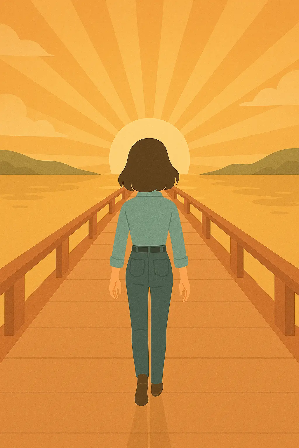 Ilustração de uma mulher caminhando por uma ponte de madeira em direção ao sol